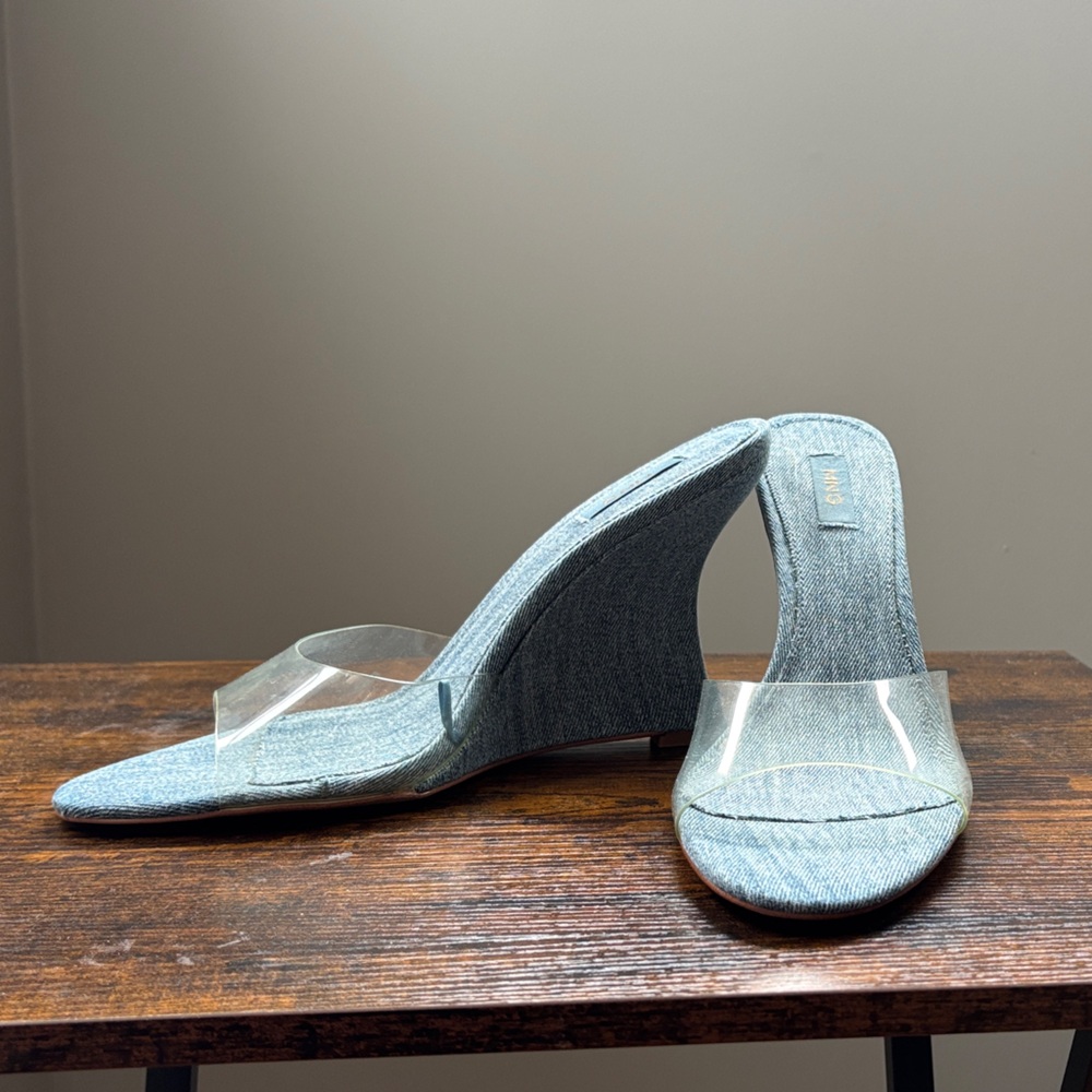 Mango Light Blue Denim Wedge Sandals with Clear Strap